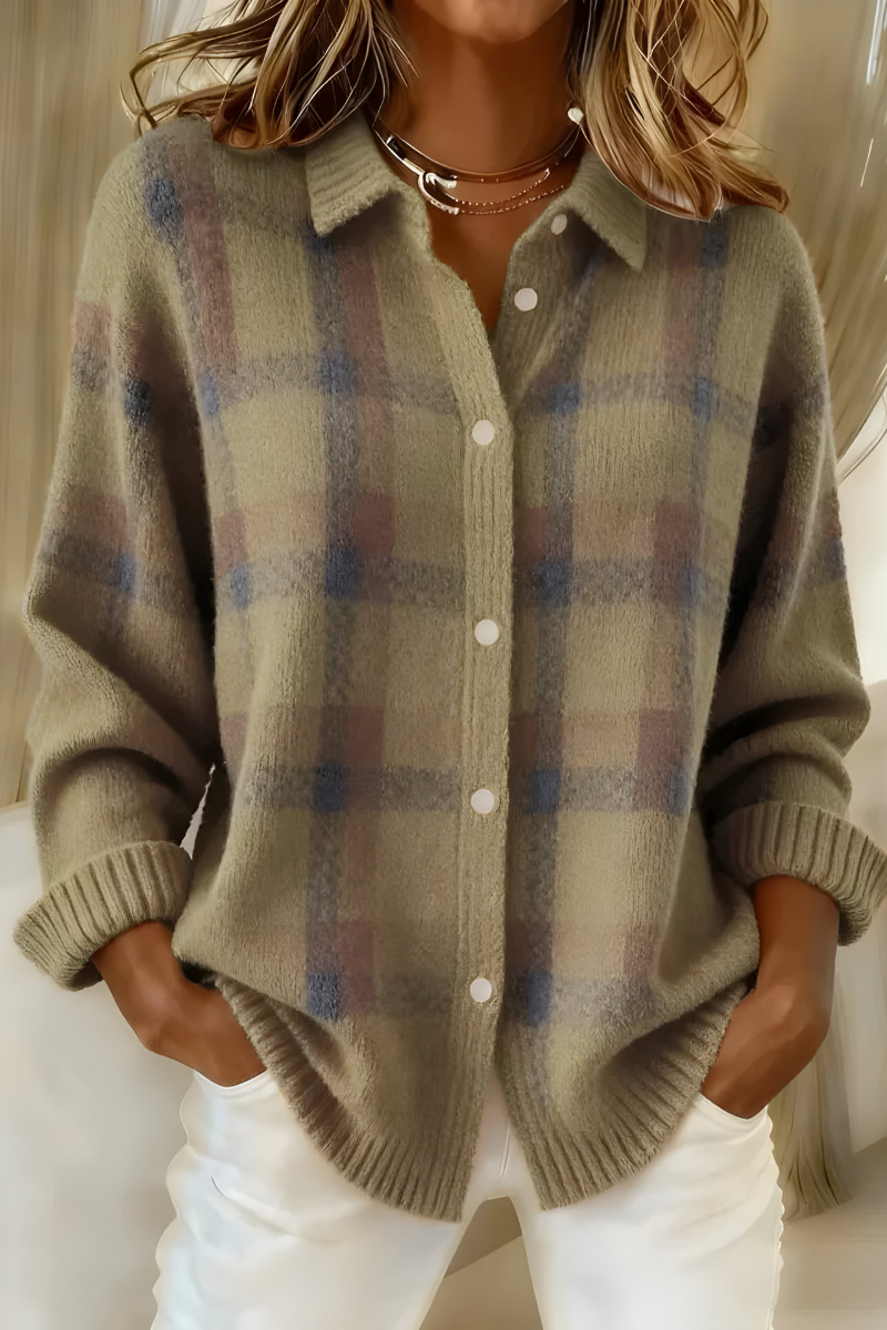 Olive plaid button-front cardigan sweater with collared neckline and long sleeves