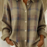 Olive plaid button-front cardigan sweater with collared neckline and long sleeves