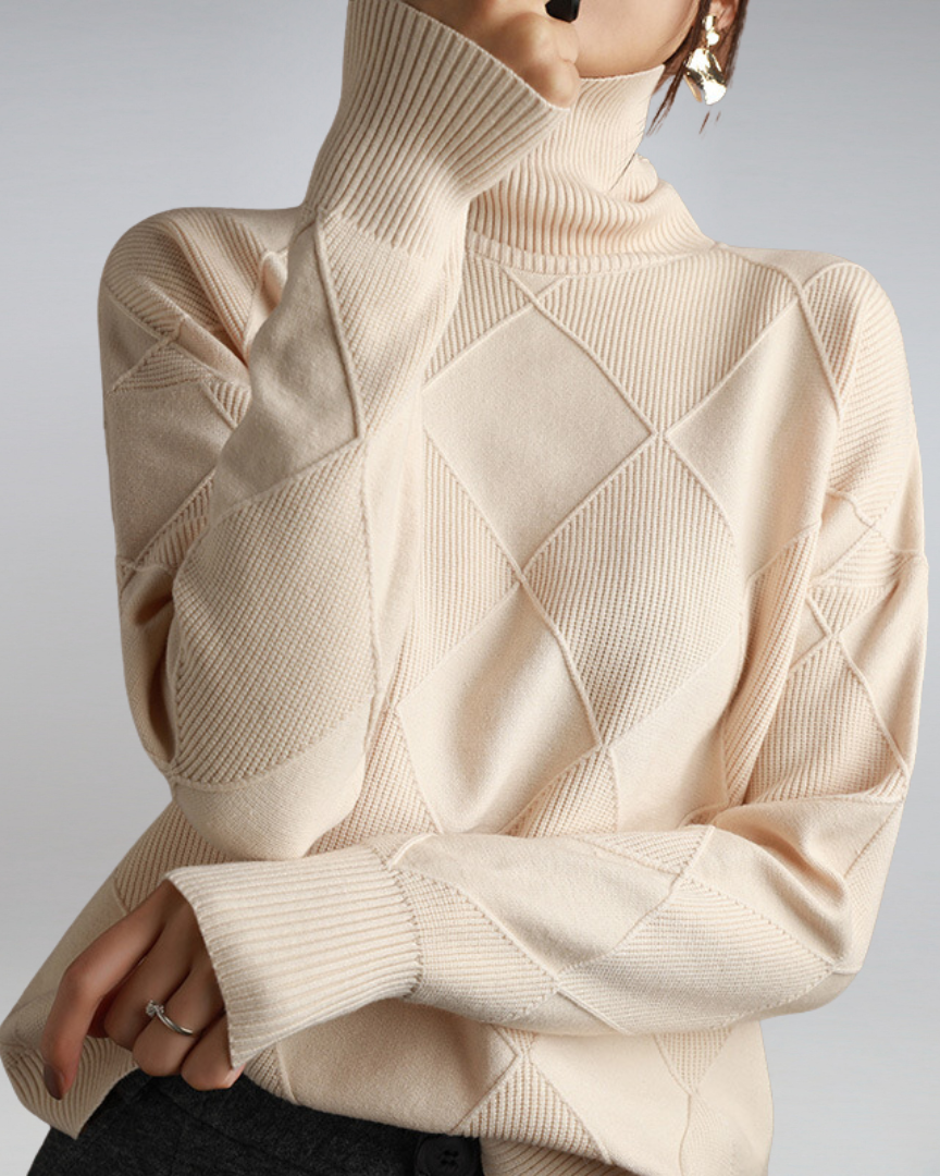 Beige ribbed turtleneck sweater with diamond knit panels and long sleeves