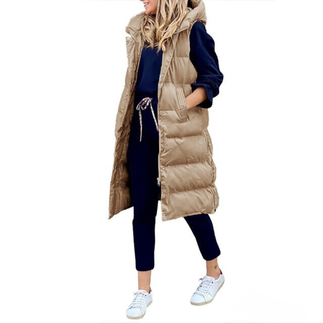 Long quilted body warmer vest, khaki/tan with button-front and sleeveless design