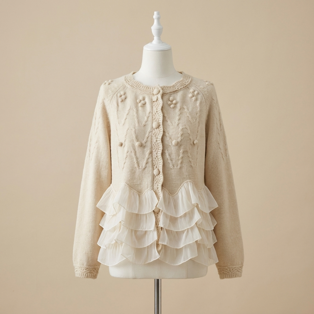 Cream cardigan with textured knit, pom-pom trim, button front, and layered ruffle hem