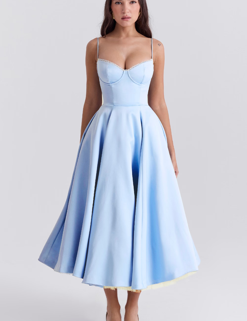 Light blue fitted corset-style slimming dress with spaghetti straps and flared midi skirt