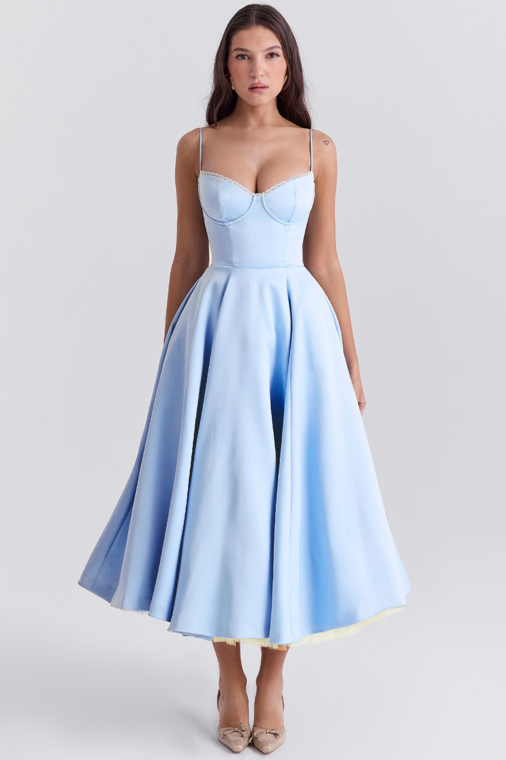Light blue fitted corset-style slimming dress with spaghetti straps and flared midi skirt
