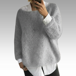 Soft-knit pullover in heather gray, relaxed fit with long sleeves and crew neckline.