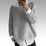 Soft-knit pullover in heather gray, relaxed fit with long sleeves and crew neckline.