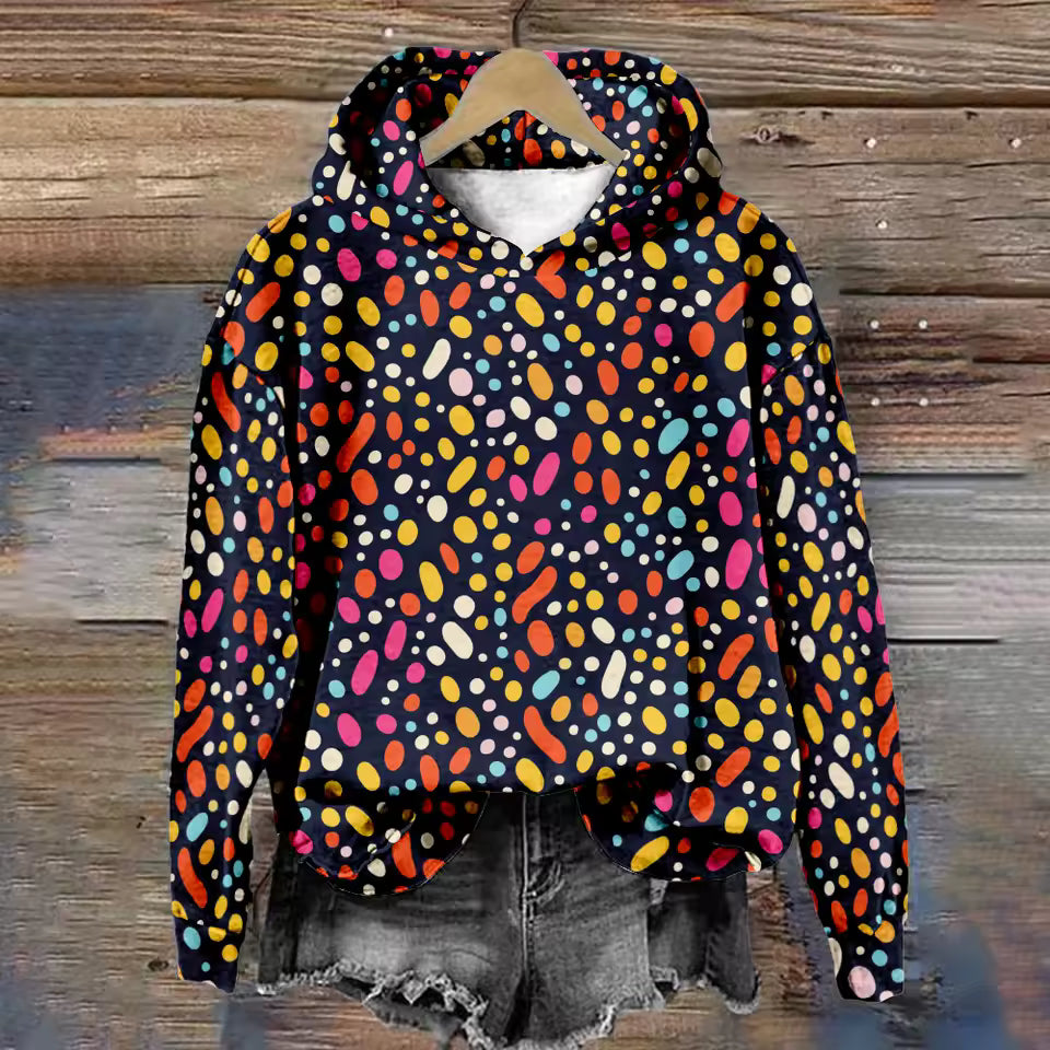 Hoodie with multicolor confetti dots, oversized hood, long sleeves, cropped hem