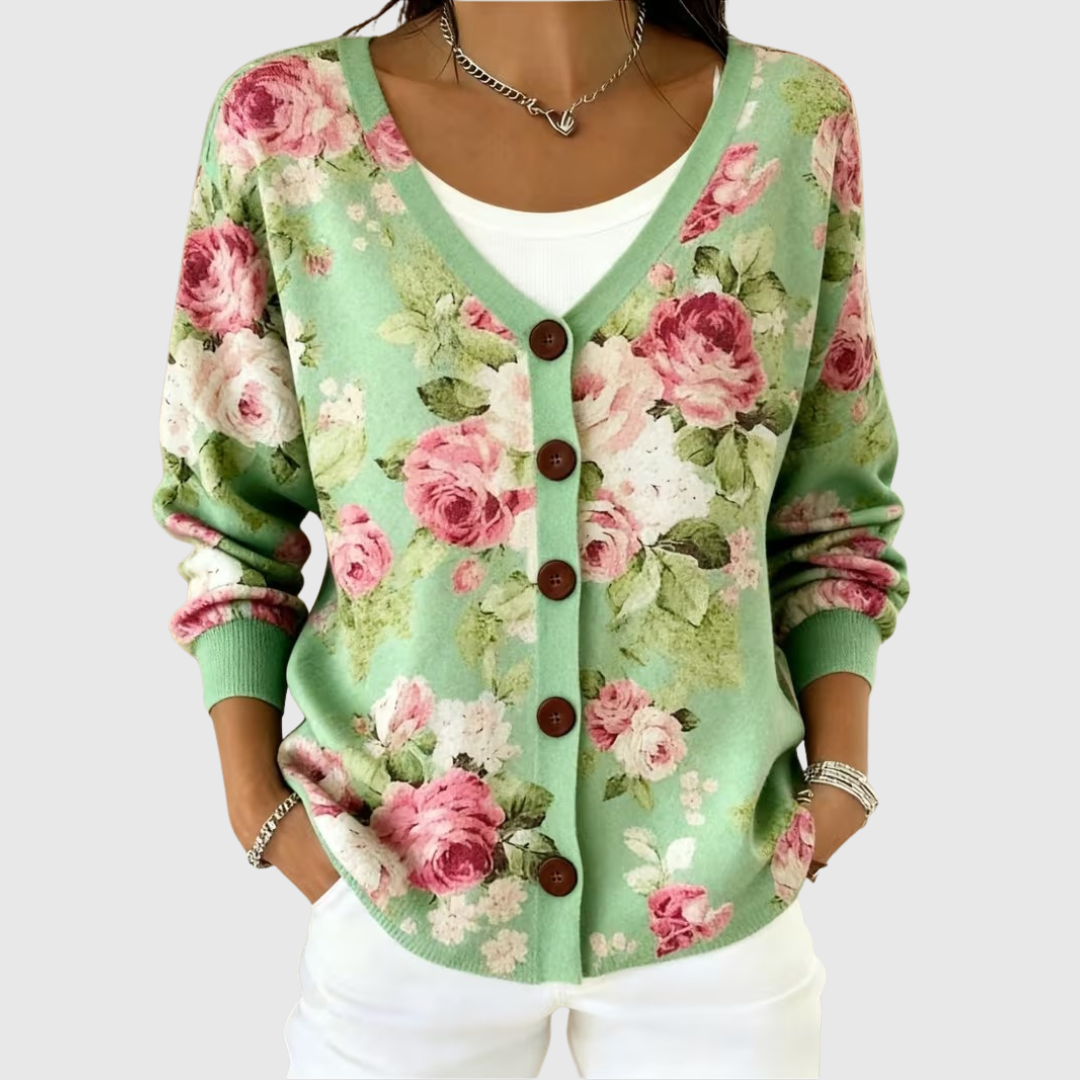 Floral knit cardigan with button front V-neck long sleeves