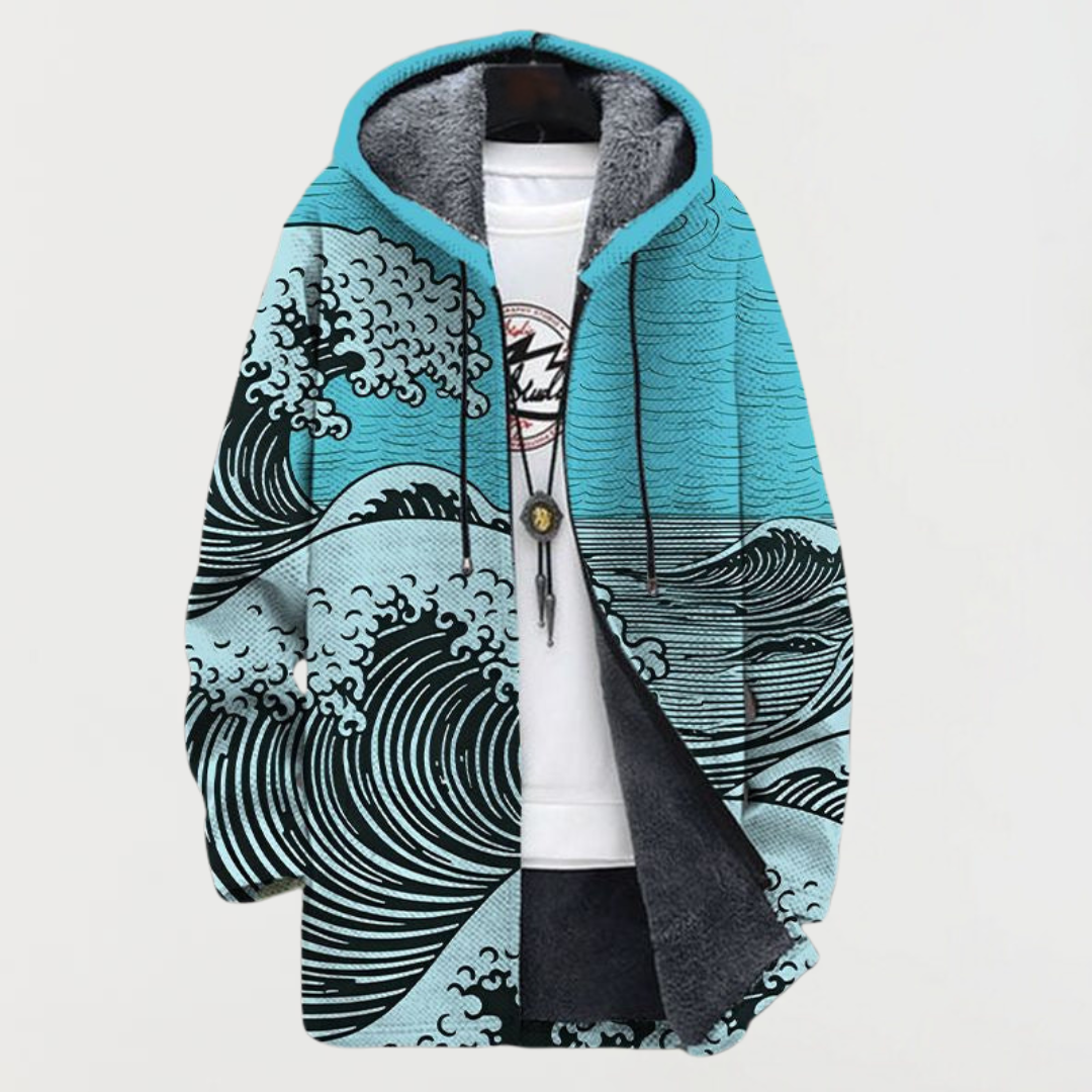 Waves-pattern hooded jacket with light blue trim, black zipper, gold button detail