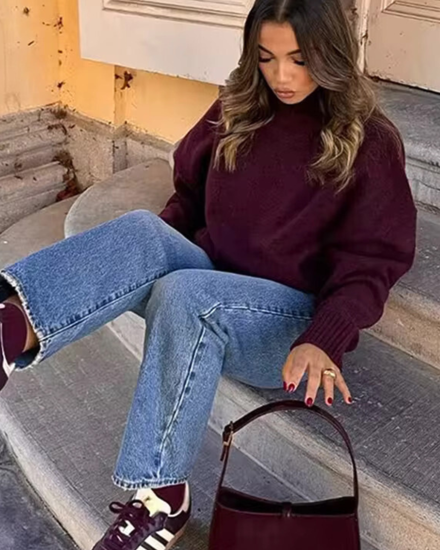 Burgundy knit turtleneck sweater with long sleeves