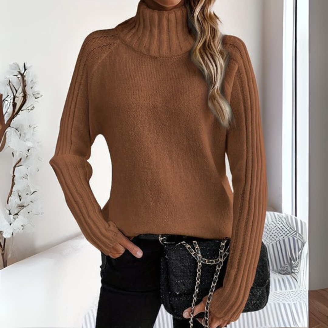 Brown knit turtleneck sweater, long sleeves with ribbed cuffs and hem