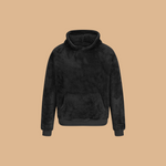 Fleece hoodie pullover in black, front view with kangaroo pocket and hood.