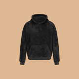 Fleece hoodie pullover in black, front view with kangaroo pocket and hood.