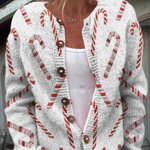 Festive candy-cane print button cardigan, long sleeve V-neck knit, light gray