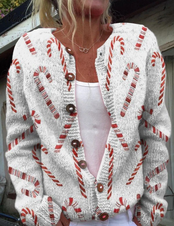 Festive candy-cane print button cardigan, long sleeve V-neck knit, light gray