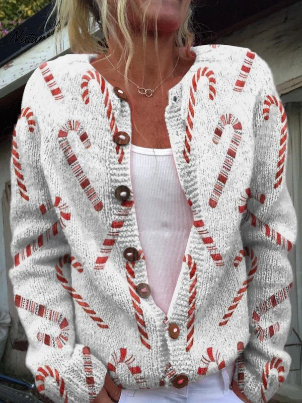 Festive candy-cane print button cardigan, long sleeve V-neck knit, light gray