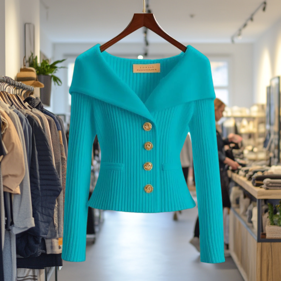 Teal ribbed knit button-front top with long sleeves and peplum hem