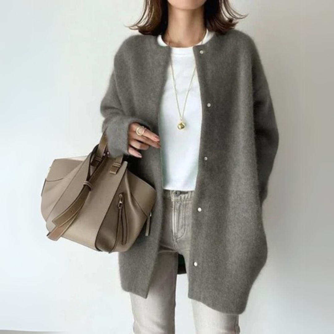 Dark gray open-front cardigan with long sleeves and snap-button placket
