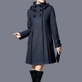 Dark long hooded coat with double-breasted button front and slant side pockets