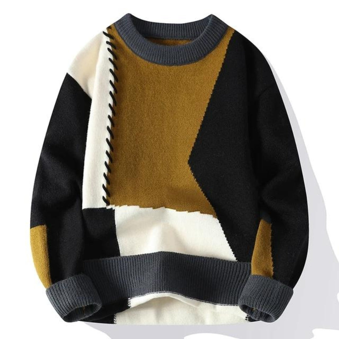 Color-block knit sweater in cream with mustard center, black side panels, gray collar