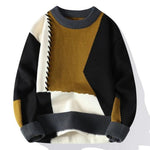 Color-block knit sweater in cream with mustard center, black side panels, gray collar