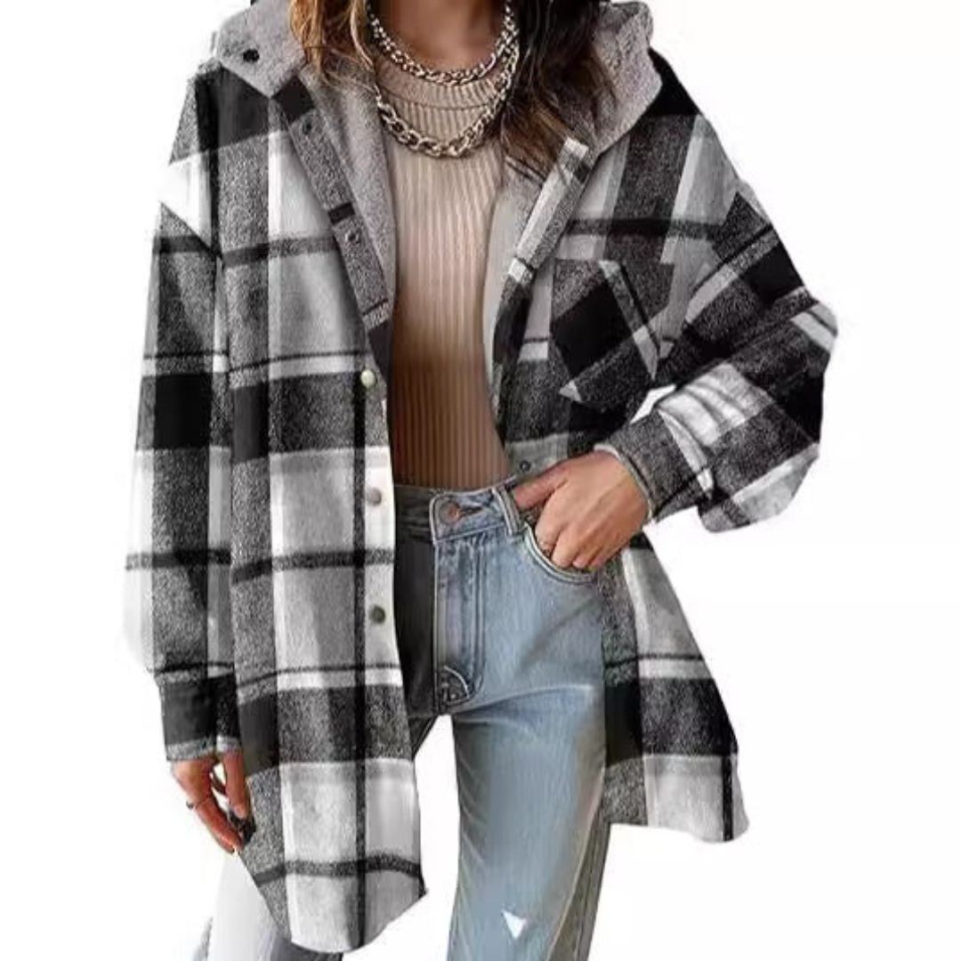 Plaid hooded shacket jacket with sherpa-lined collar, black and white plaid, button front
