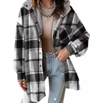 Plaid hooded shacket jacket with sherpa-lined collar, black and white plaid, button front