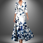 Saffie printed wrap dress, white with blue floral print, V-neck, 3/4 sleeves