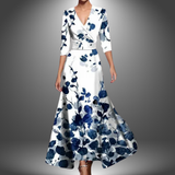 Saffie printed wrap dress, white with blue floral print, V-neck, 3/4 sleeves