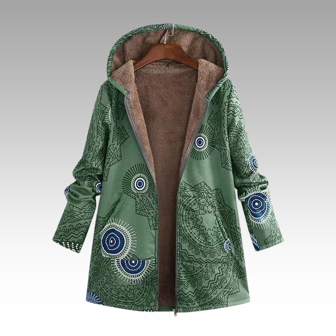 Green hooded winter jacket with fleece lining, blue circular pattern, front zipper