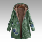 Green hooded winter jacket with fleece lining, blue circular pattern, front zipper