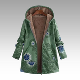 Green hooded winter jacket with fleece lining, blue circular pattern, front zipper