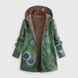 Green hooded parka jacket with abstract circular print, front zipper, warm lined hood.