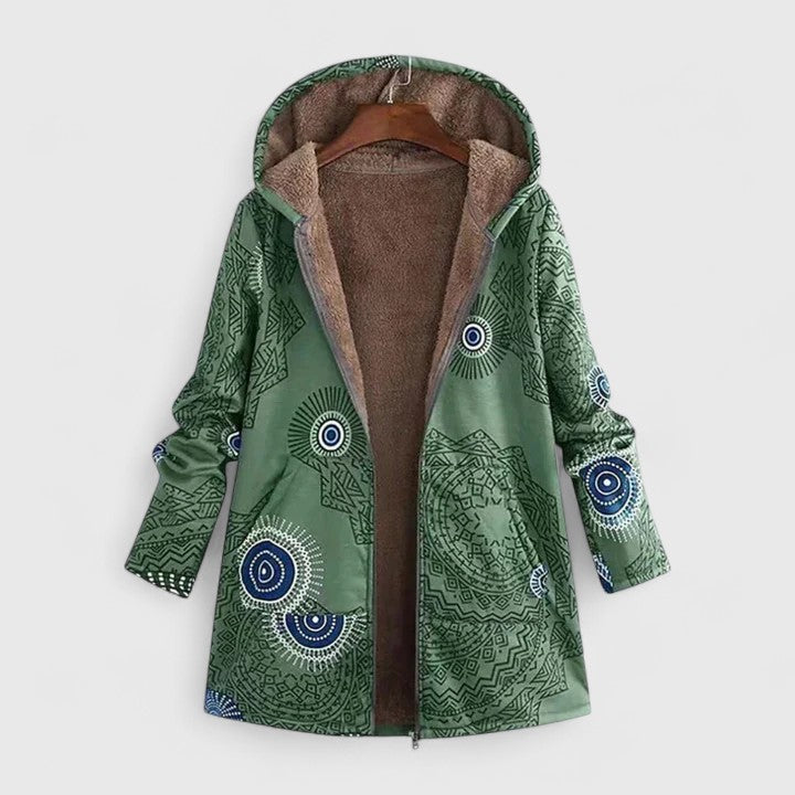 Green hooded parka jacket with abstract circular print, front zipper, warm lined hood.