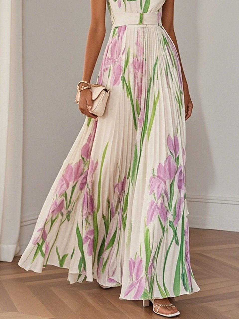Mary™ pleated maxi dress, white with pink floral print, belted waist, long pleated skirt