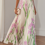 Mary™ pleated maxi dress, white with pink floral print, belted waist, long pleated skirt