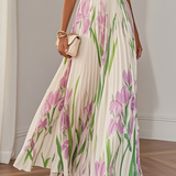 Mary™ pleated maxi dress, white with pink floral print, belted waist, long pleated skirt
