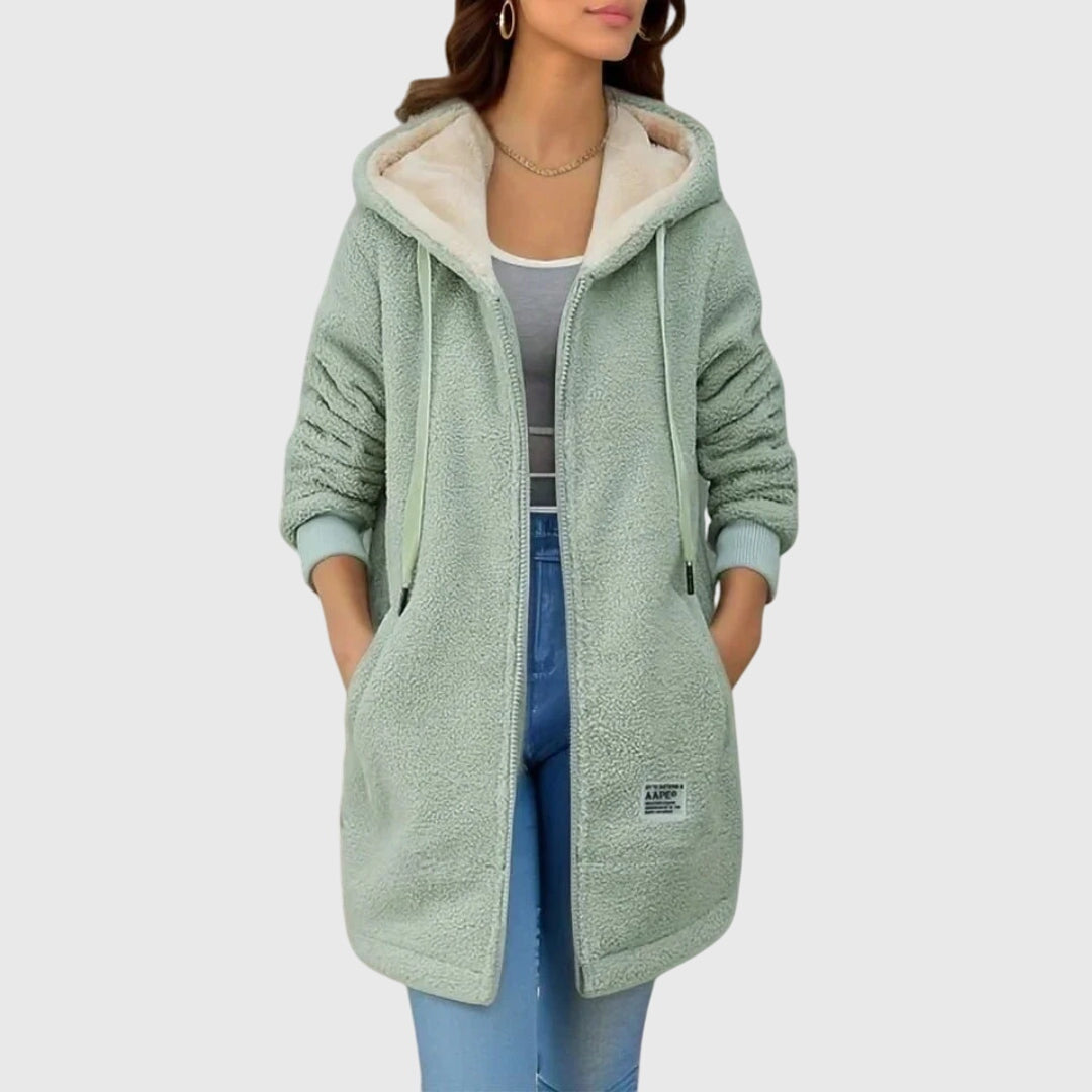 Green women’s fleece hooded jacket with full zip, drawstring hood, and side pockets