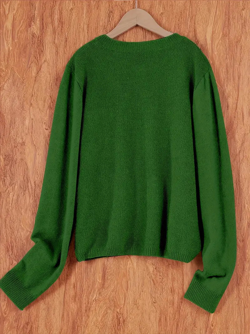 Women’s round-neck cardigan with long sleeves, green knit texture, cropped back view
