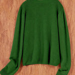 Women’s round-neck cardigan with long sleeves, green knit texture, cropped back view