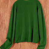 Women’s round-neck cardigan with long sleeves, green knit texture, cropped back view