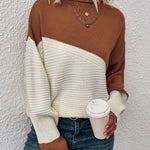 Rust brown and white color-block pullover sweater with long sleeves and crew neck