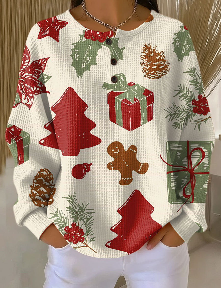 Women’s holiday sweater, cream knit with red and green gift and tree prints, long sleeves