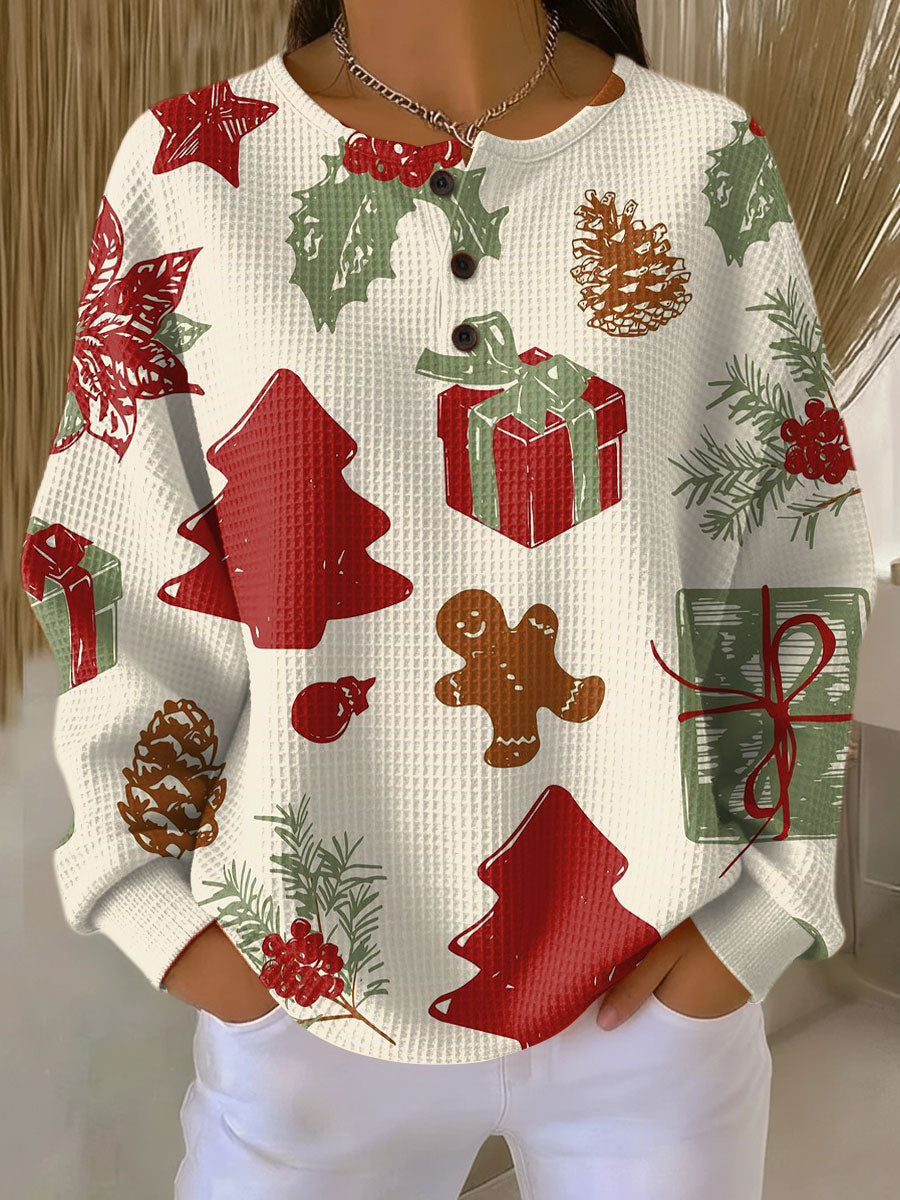 Women’s holiday sweater, cream knit with red and green gift and tree prints, long sleeves