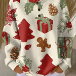 Women’s holiday sweater, cream knit with red and green gift and tree prints, long sleeves