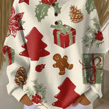 Women’s holiday sweater, cream knit with red and green gift and tree prints, long sleeves