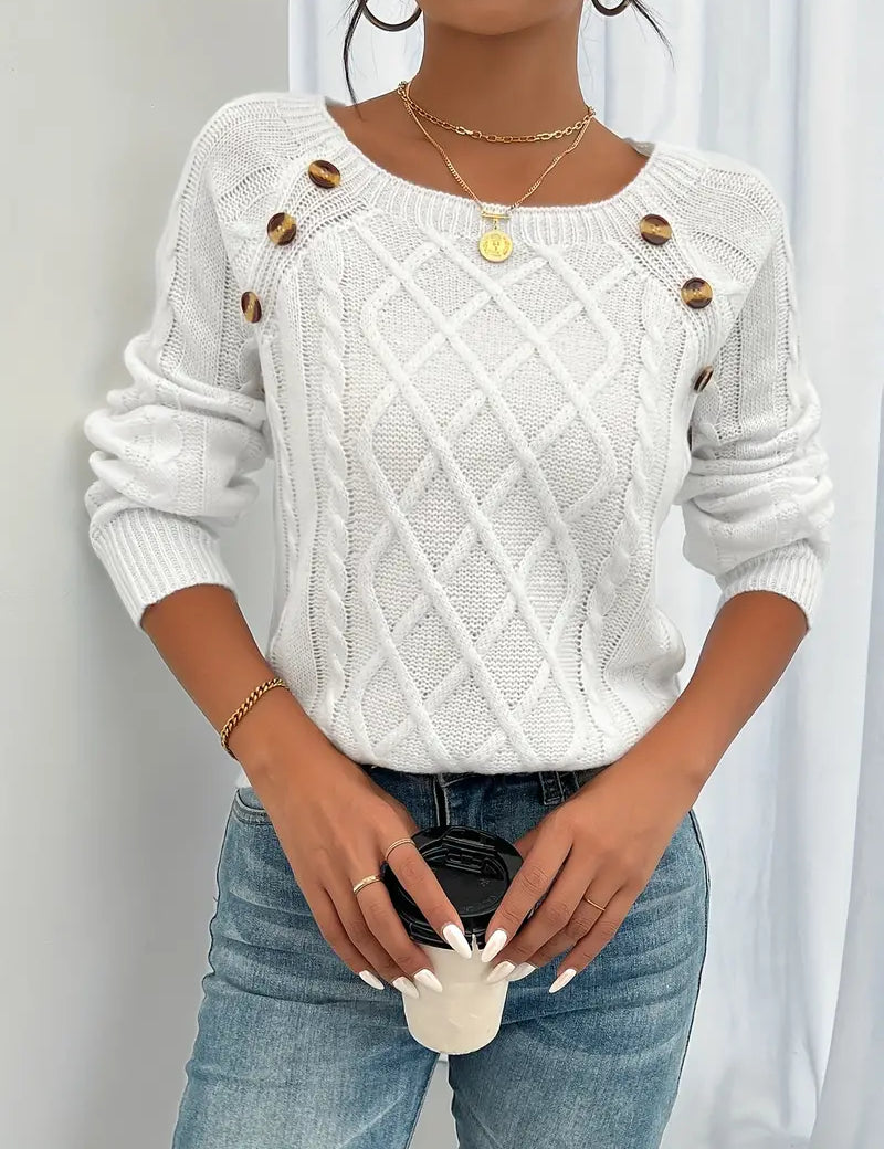 Cable-knit long-sleeve sweater, white, round neck with decorative buttons on shoulders