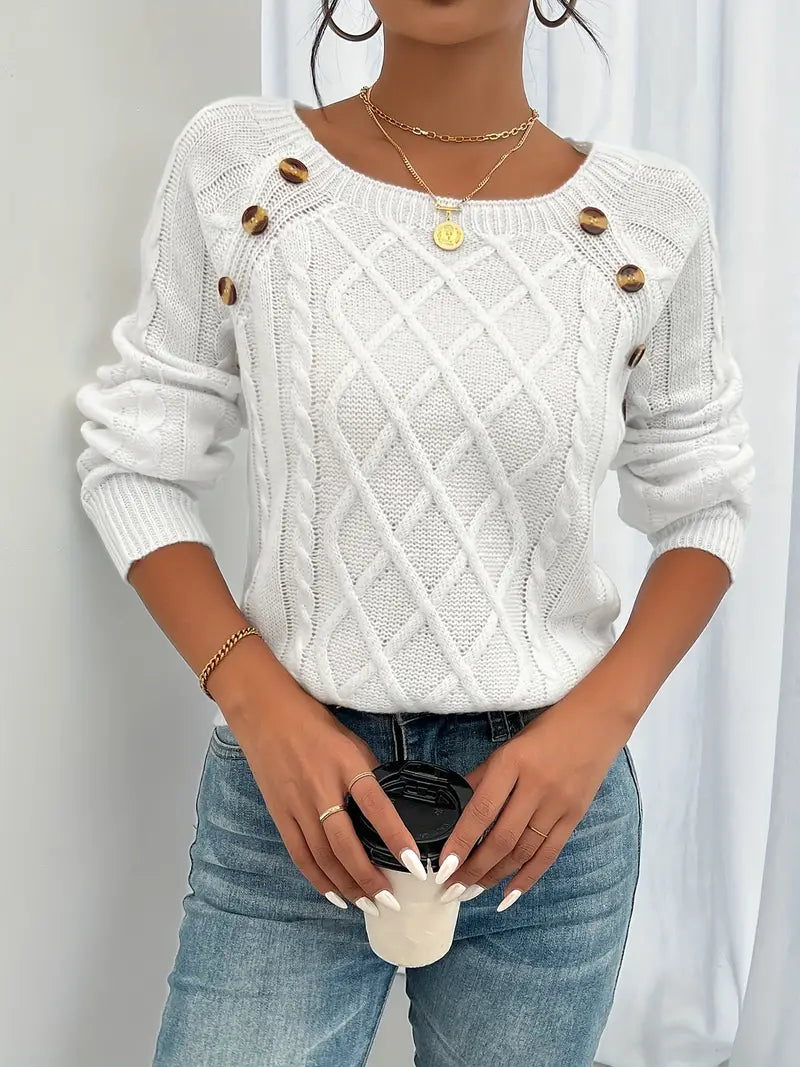 Cable-knit long-sleeve sweater, white, round neck with decorative buttons on shoulders