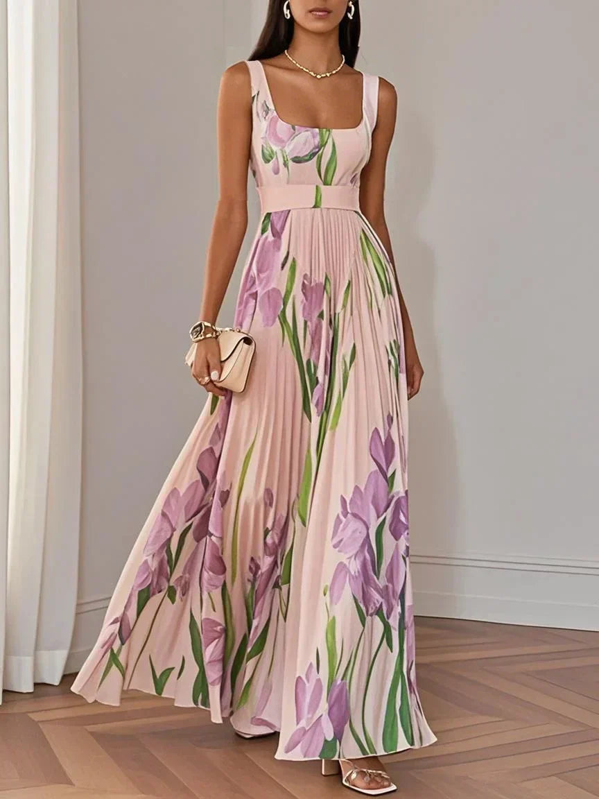 Mary™ pleated maxi dress, white with pink floral print, belted waist and flowing pleats