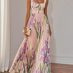 Mary™ pleated maxi dress, white with pink floral print, belted waist and flowing pleats