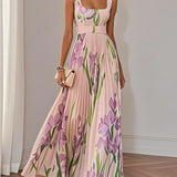 Mary™ pleated maxi dress, white with pink floral print, belted waist and flowing pleats